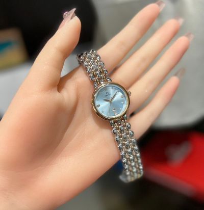 Omega De Ville 27mm Two-tone Rose Gold Stainless Steel Bracelet Smooth Bezel Light Blue Dial Women Watch